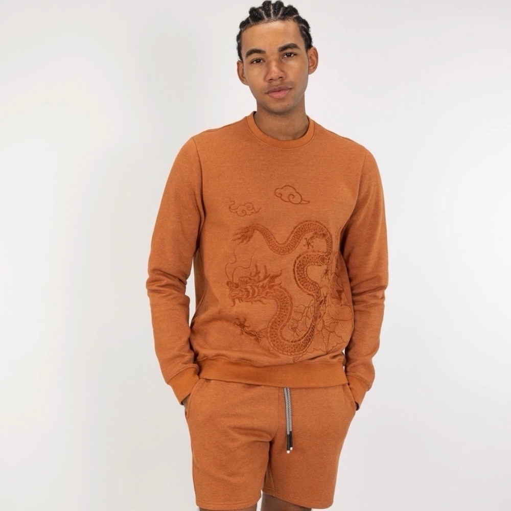 Blind Rooster Dragon Embroidered Terracotta Orange Crewneck Sweatshirt Size M